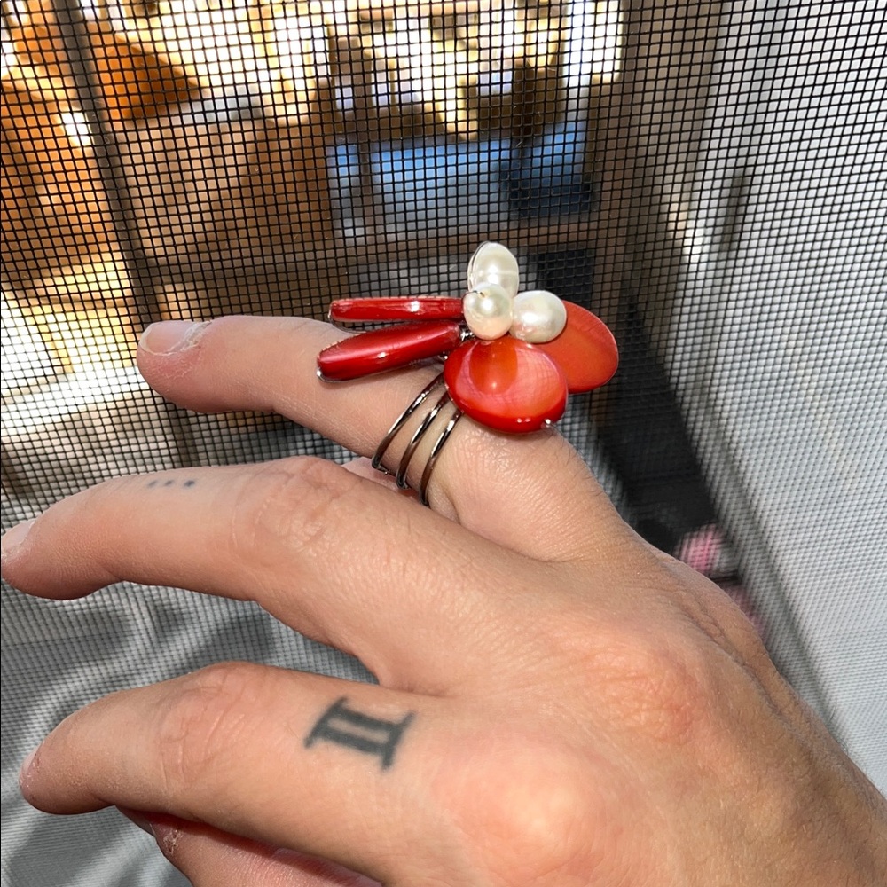 Elegant Burnt Orange and Pearl Flower Ring